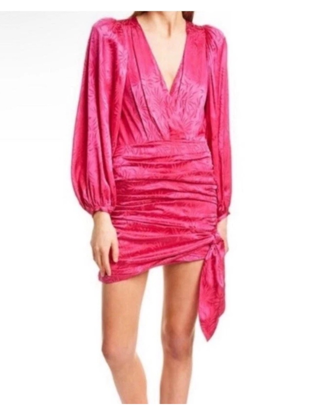 Ronny Kobo Collection Fuchsia Satin V-Neck Ruched Mini Dress